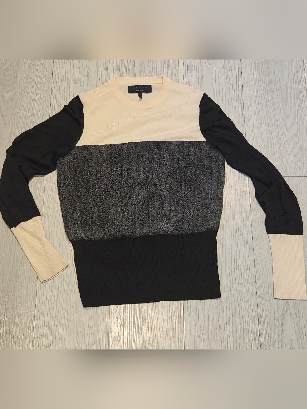 rag & bone Black, Cream & Charcoal Colorblock Crewneck Sweater